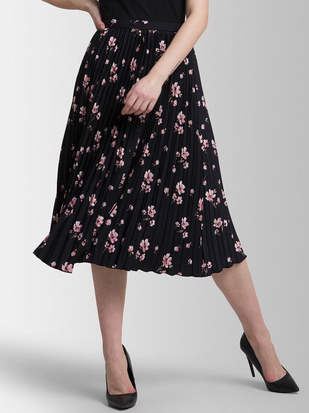 FableStreet Black & Pink Floral Printed Pleated A-Line Midi Skirt Price in India