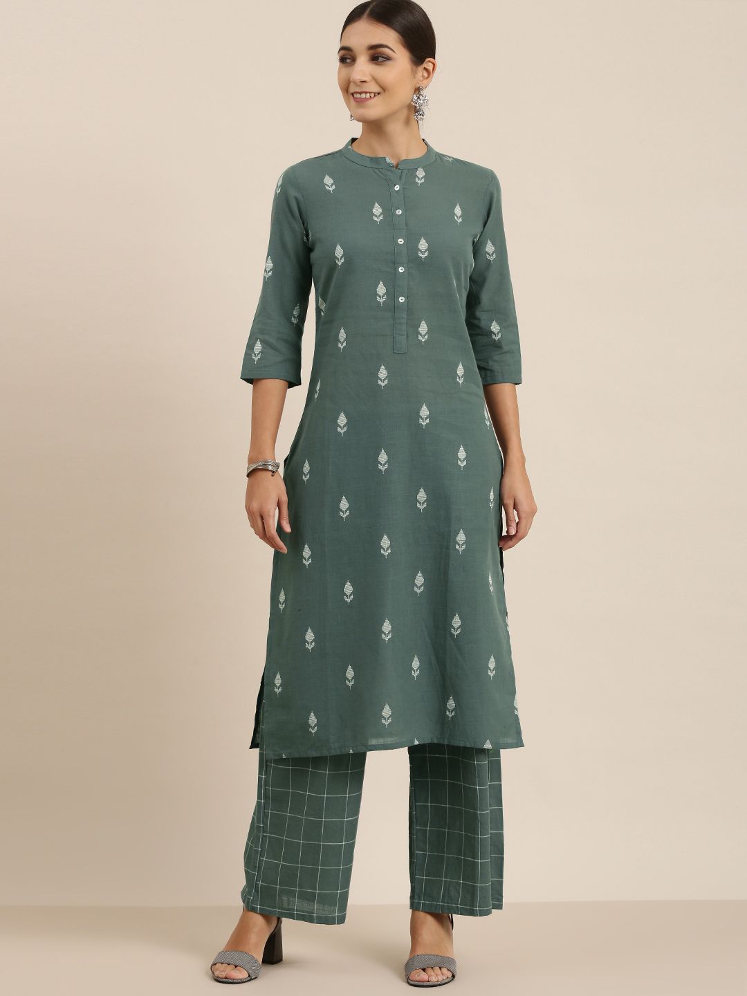 Vishudh Women Green Woven Design Kurta with Palazzos Price in India