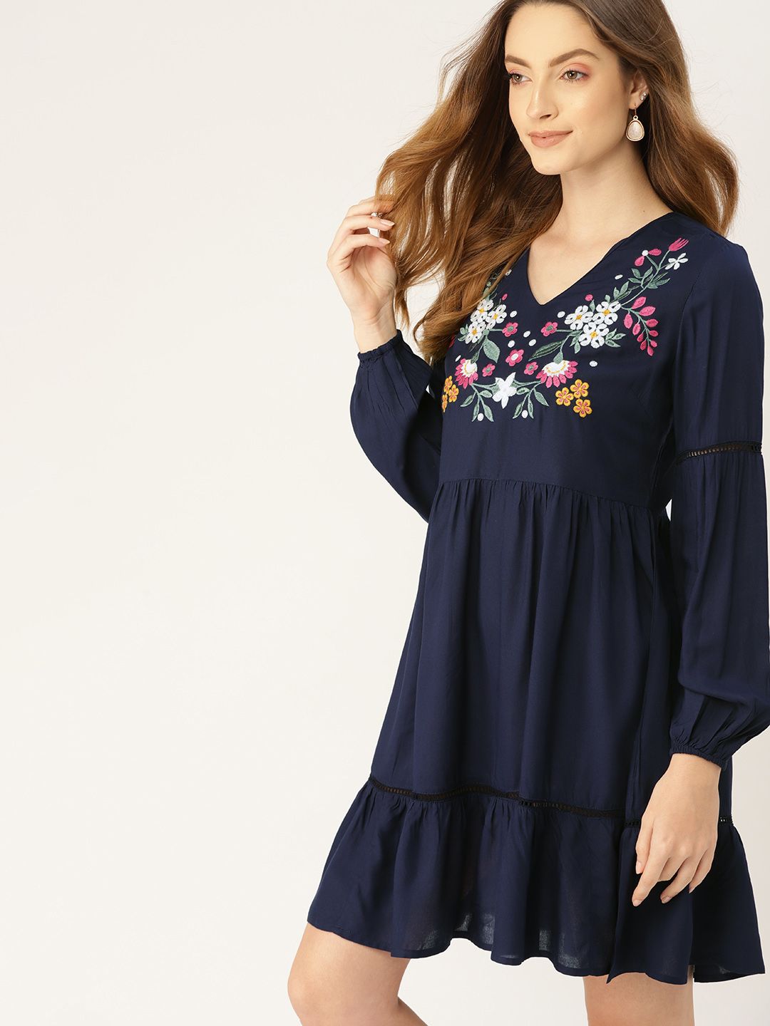 DressBerry Navy Blue Embroidered Tiered A-Line Dress