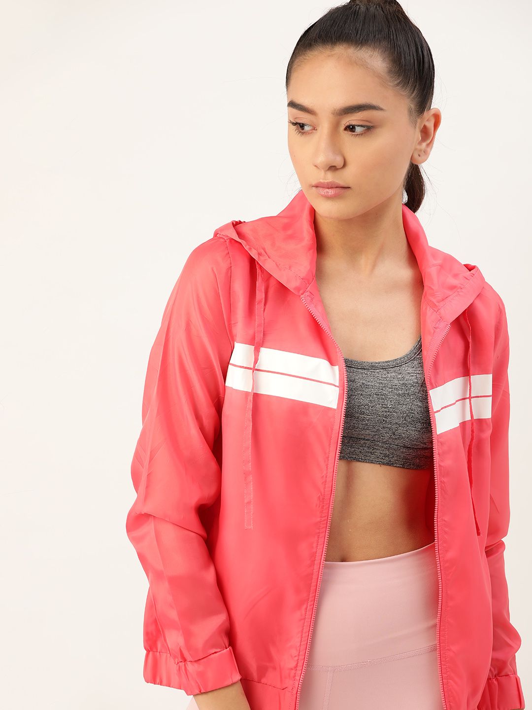DressBerry Women Pink & White Striped Hooded Bomber Jacket Price in India