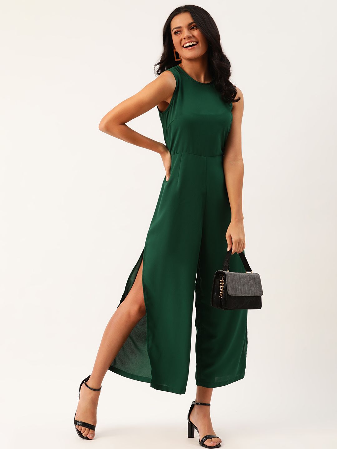 DressBerry Women Green Solid High Slit Basic Jumpsuit Price in India