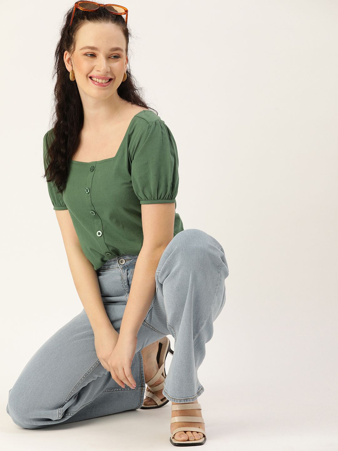 DressBerry Green Puff Sleeves Cotton Top