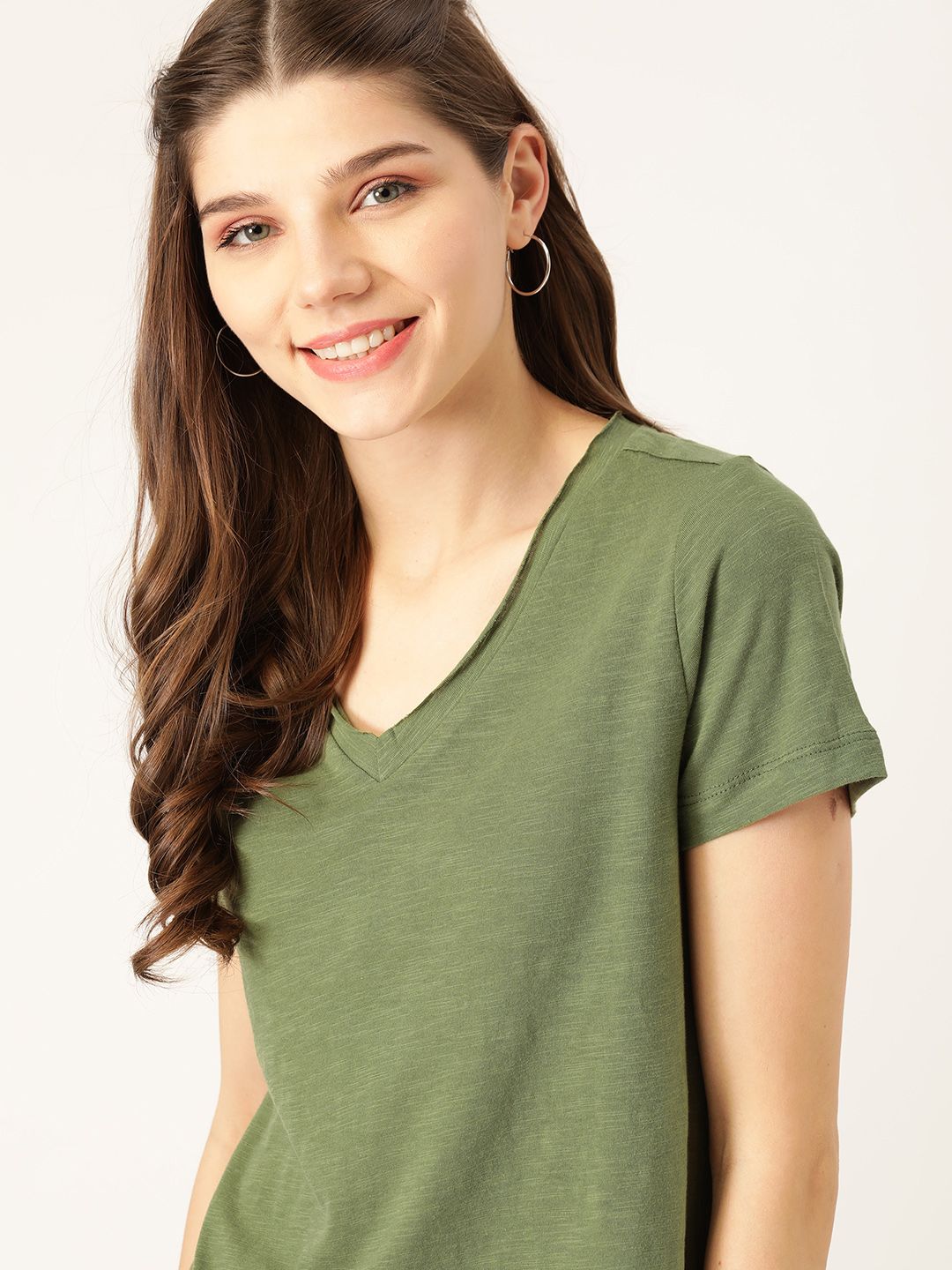 DressBerry Women Olive Green Pure Cotton Solid V-Neck T-shirt Price in India