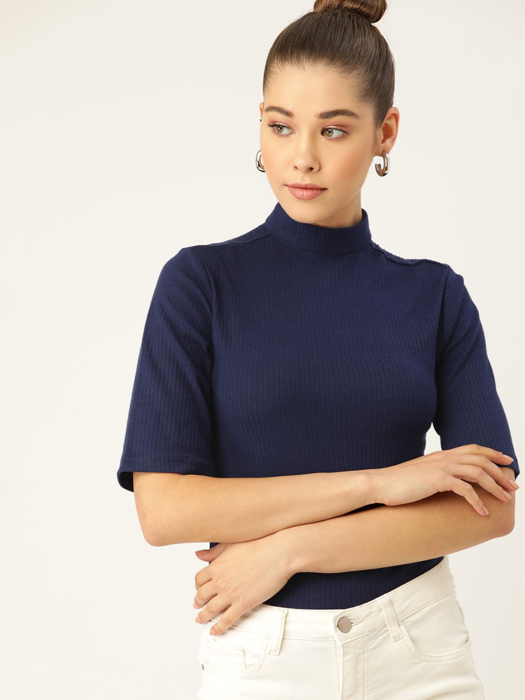 DressBerry Navy Blue Ribbed High Neck Top
