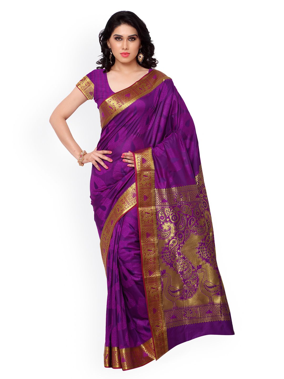 Varkala Silk Sarees Purple Jacquard & Kanjeevaram Silk Traditional Saree Price in India