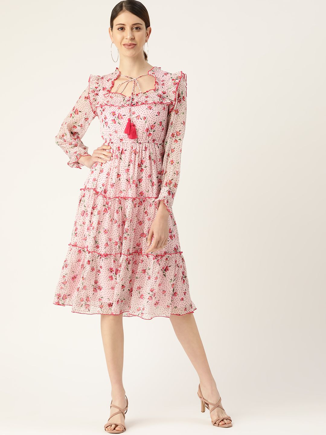 Antheaa Pink Floral Print Tiered A-Line Dress Price in India
