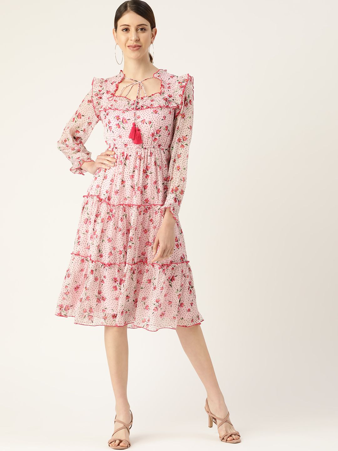 Antheaa Women Pink Floral Print Tiered A-Line Dress