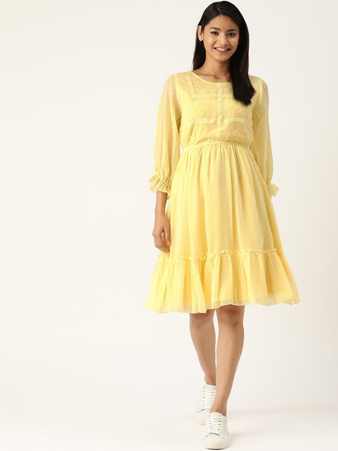 Antheaa Women Yellow Dobby Weaved Fit & Flare Dress Price in India
