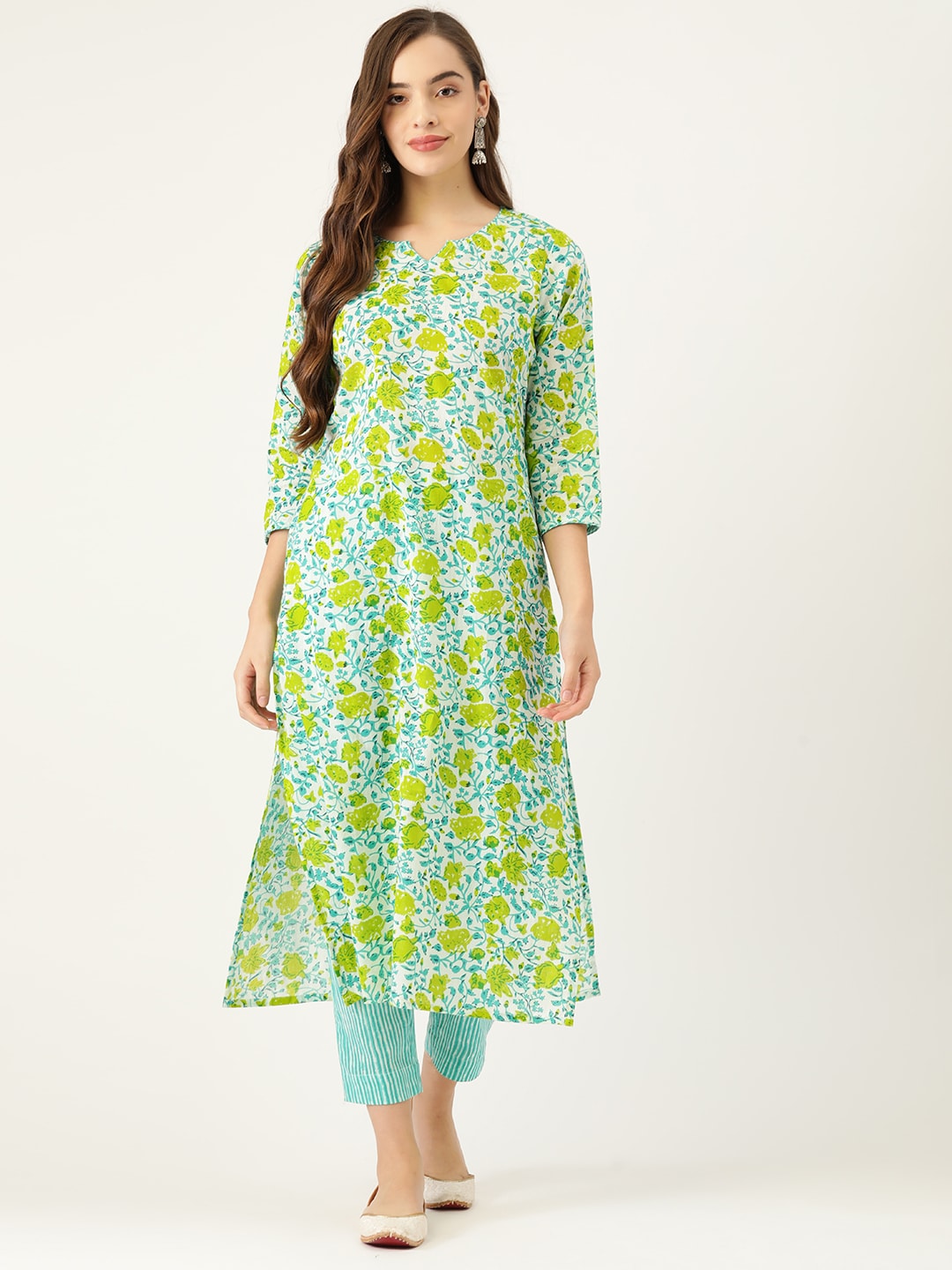 Sangria Women Blue & Yellow Floral Printed Pure Cotton Kurta with Trousers Price in India