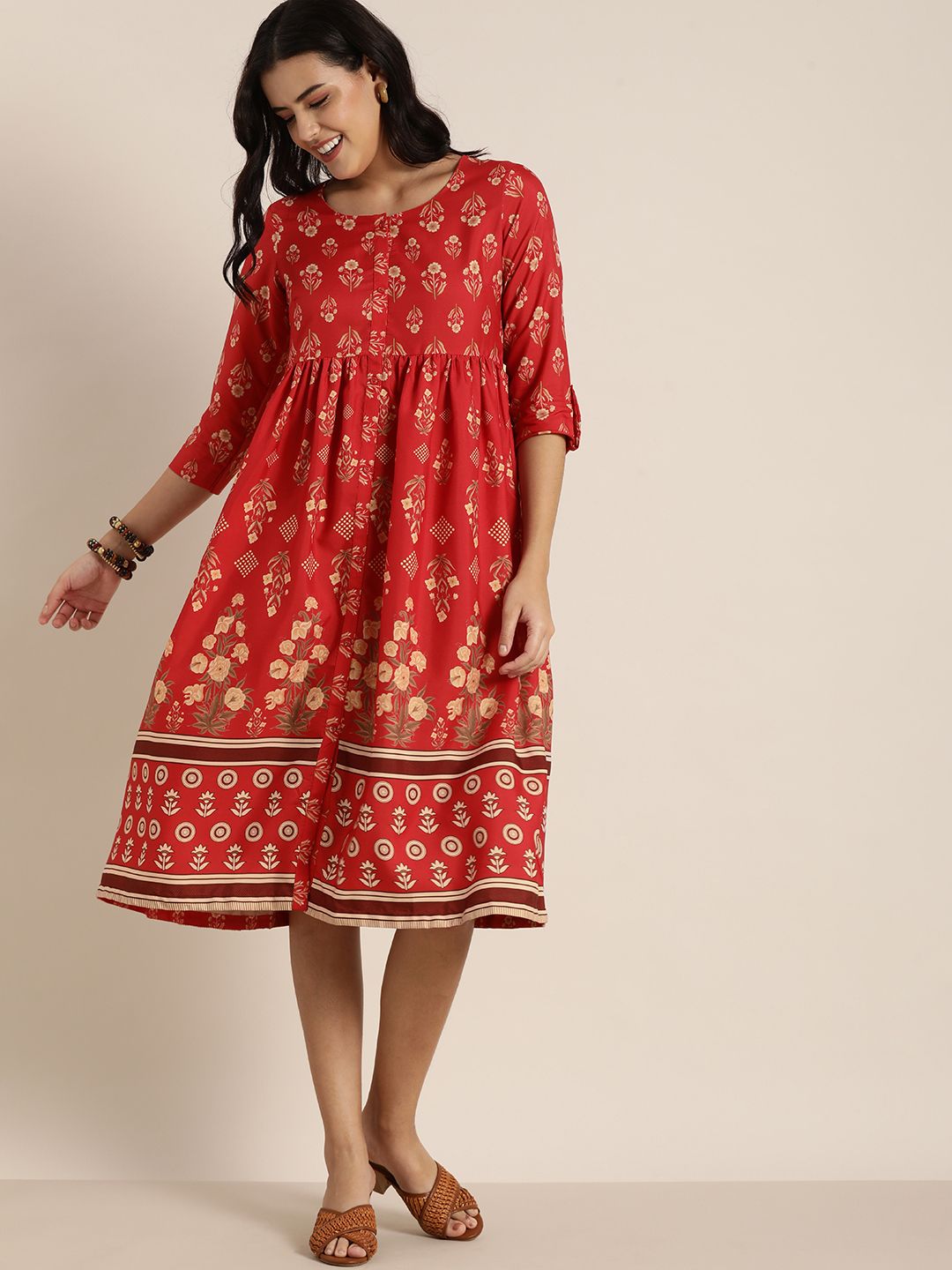 Sangria Women Red Floral Print Midi A-Line Dress