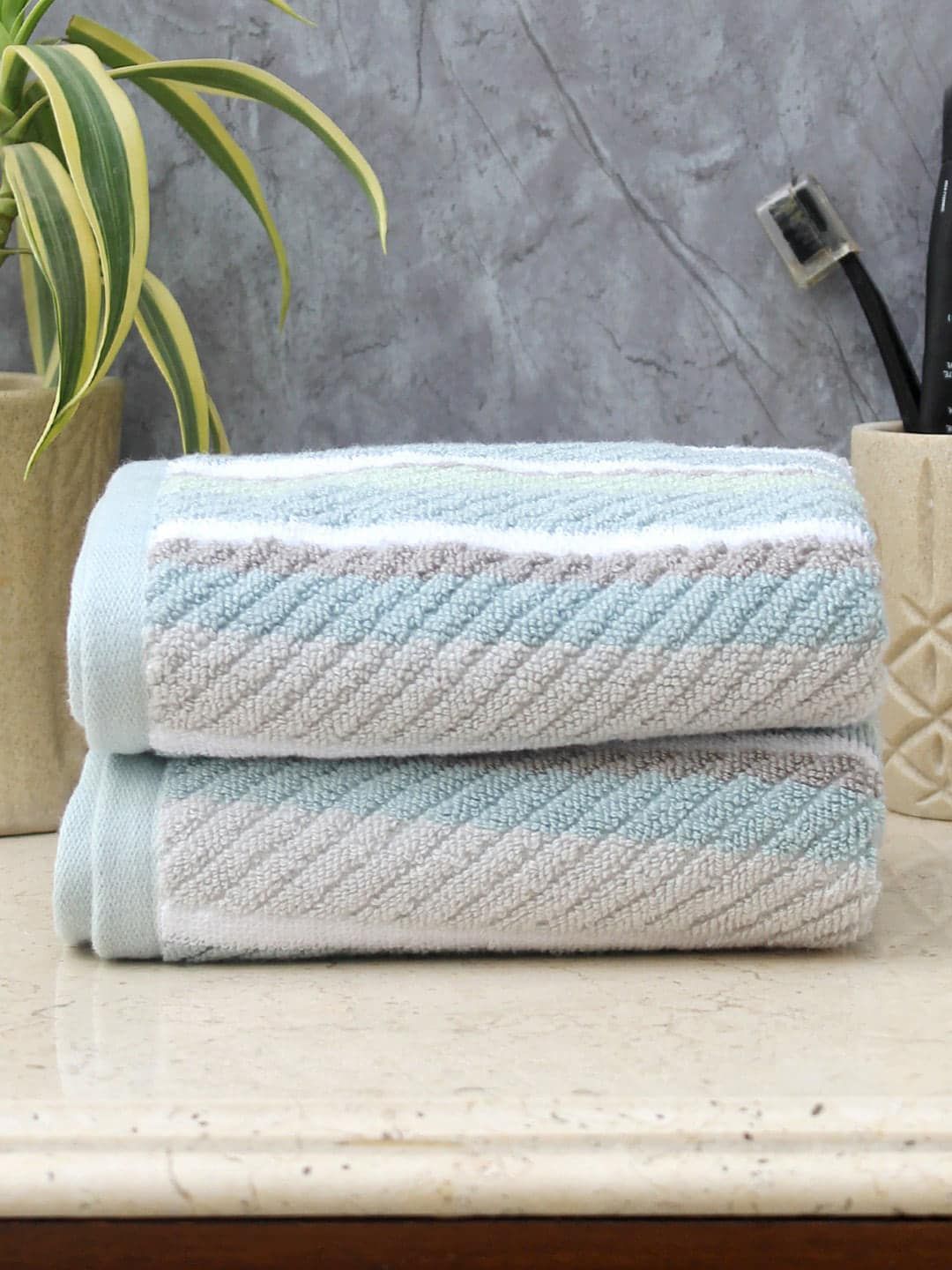 AVI Living Set Of 2 Blue & Grey Striped 550 GSM Hand Towels Price in India