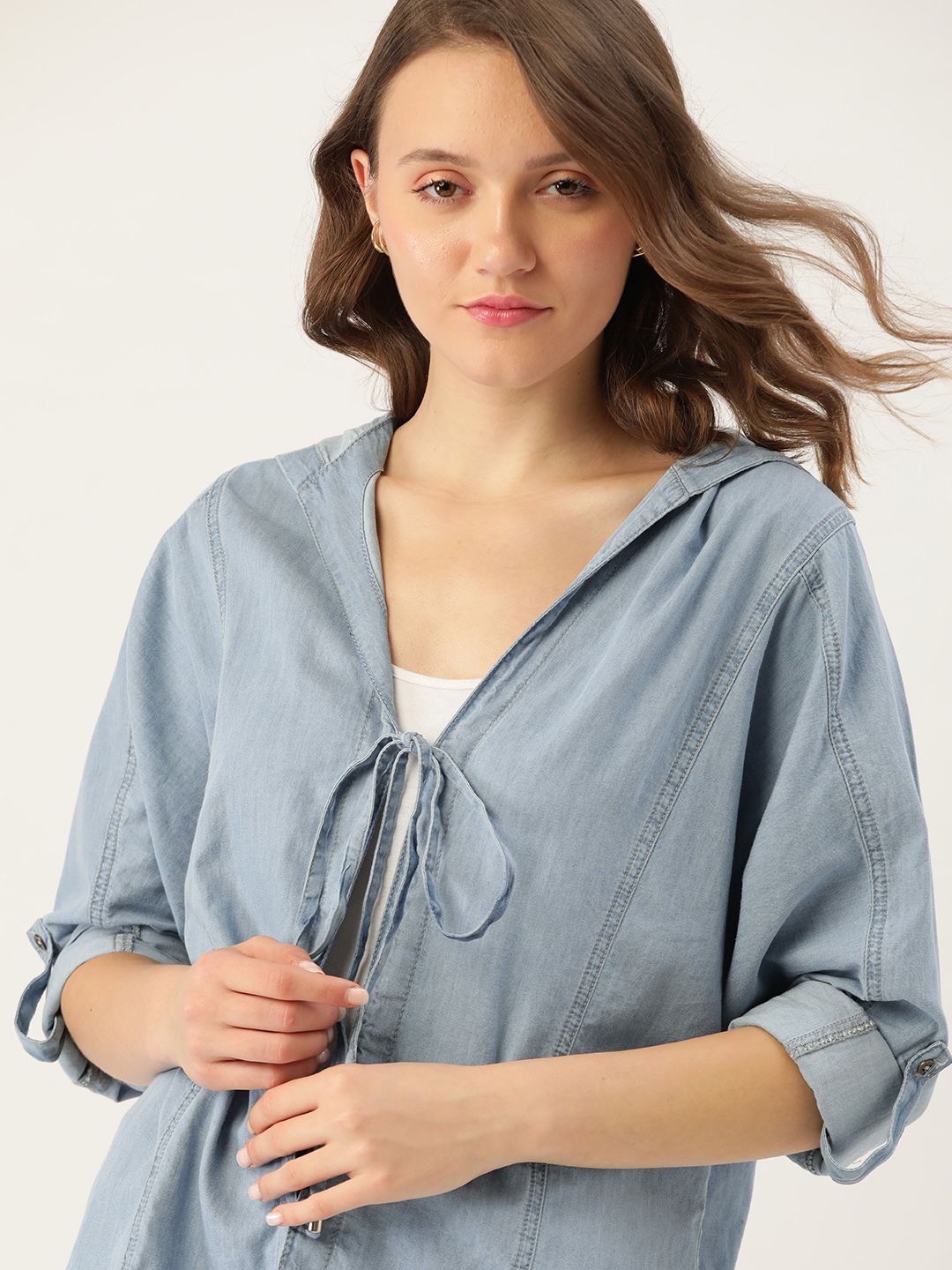 DressBerry Women Blue Chambray Hooded Tie-Up Shrug Price in India