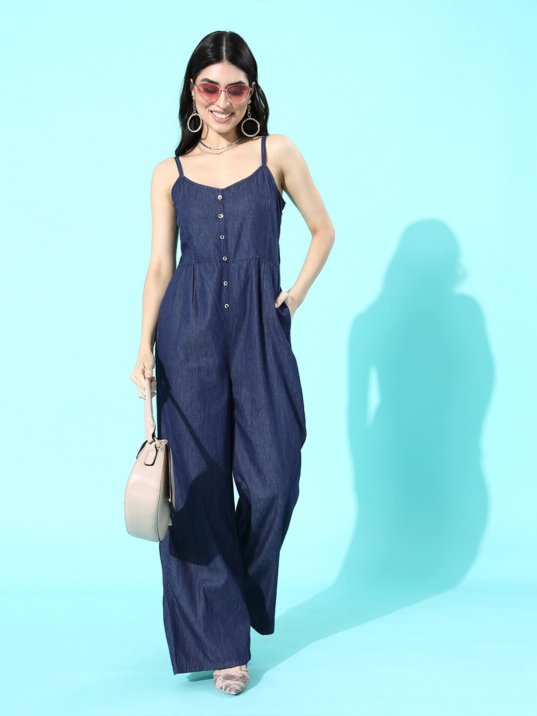 DressBerry Navy Blue Regular Fit Pure Cotton Basic Jumpsuit Price in India