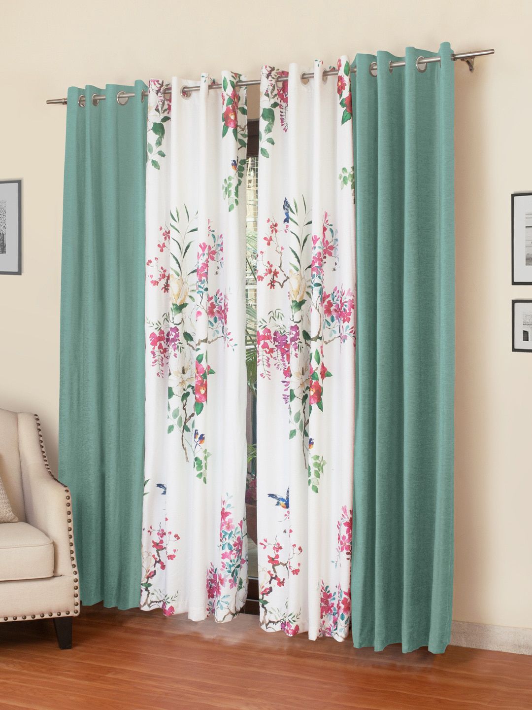 ROSARA HOME Sea Green & White Set of 4 Regular Eyelet Long Door Curtains Price in India