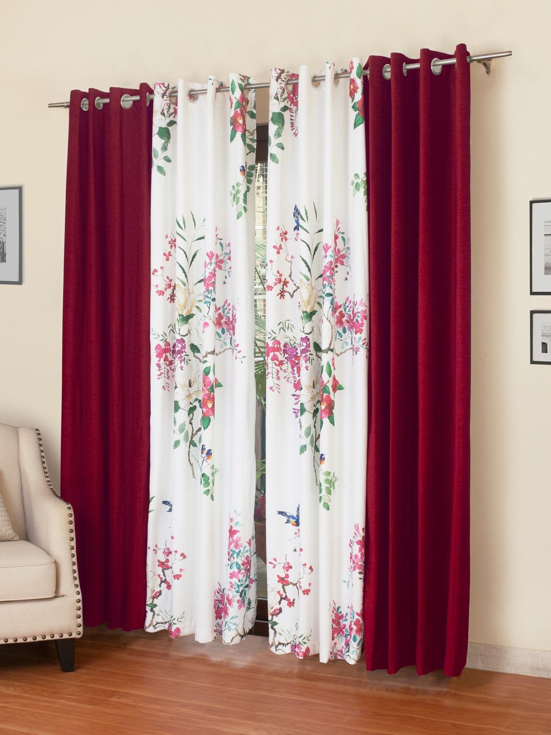 ROSARA HOME Maroon & White Set of 4 Long Door Curtains Price in India