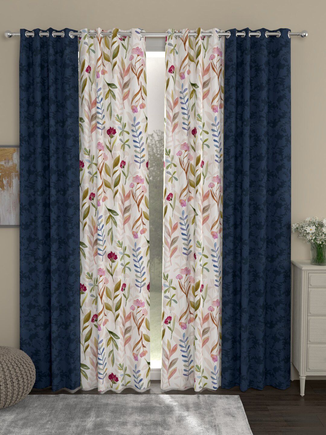 ROSARA HOME Navy Blue & White Set of 4 Long Door  Curtains Price in India