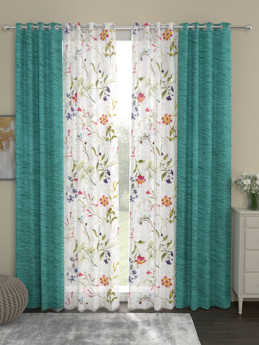 ROSARA HOME Sea Green & Transparent Set of 4 Regular and Sheer Long Door Curtains Price in India