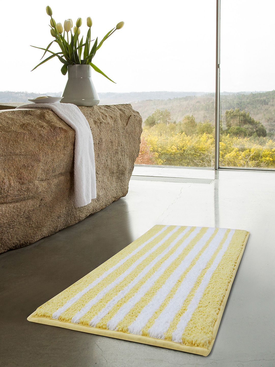 OBSESSIONS Yellow & White Printed Reversible 1800 GSM Bath Rug Price in India
