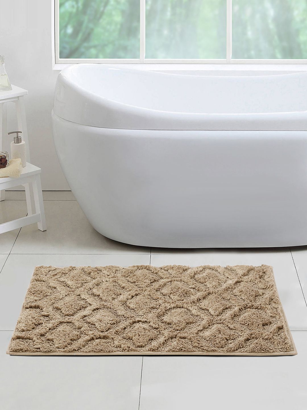 OBSESSIONS Taupe Embossed Rectangular Bath Rug Price in India