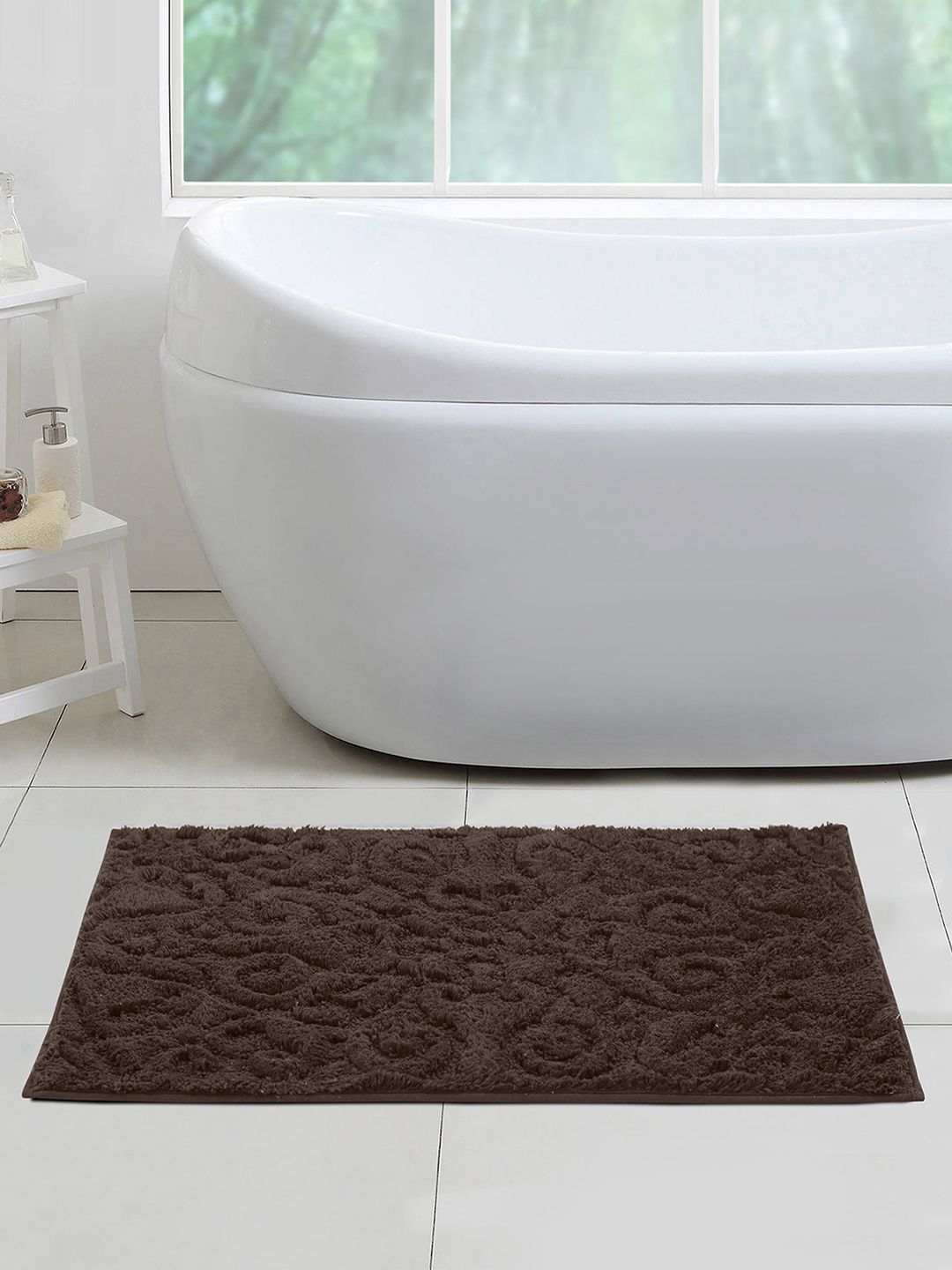 OBSESSIONS Coffee Brown Self Design Rectangular Bath Rug Price in India