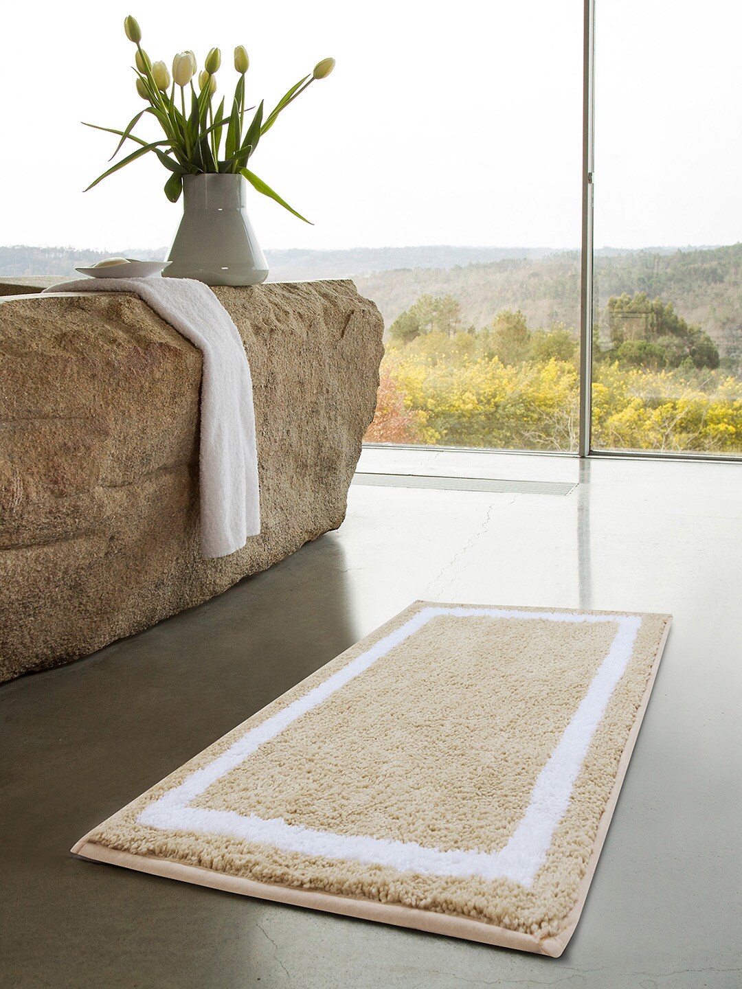 OBSESSIONS Beige & White Self Design Reversible Rectangular Bath Rug Price in India