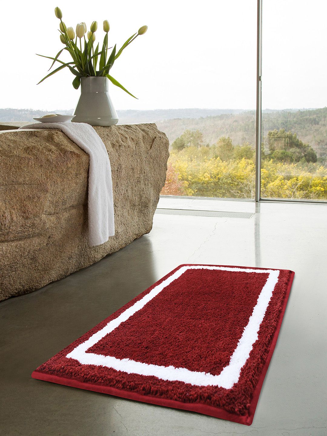 OBSESSIONS Burgundy & White Printed 1800 GSM Rectangular Reversible Bathmat Price in India