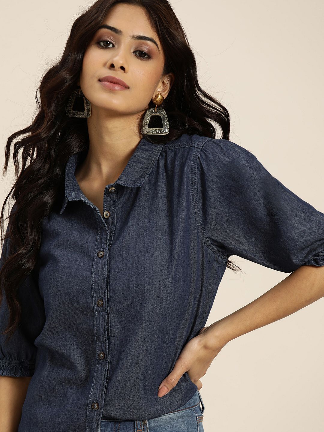 all about you Women Navy Blue Solid Casual Shirt