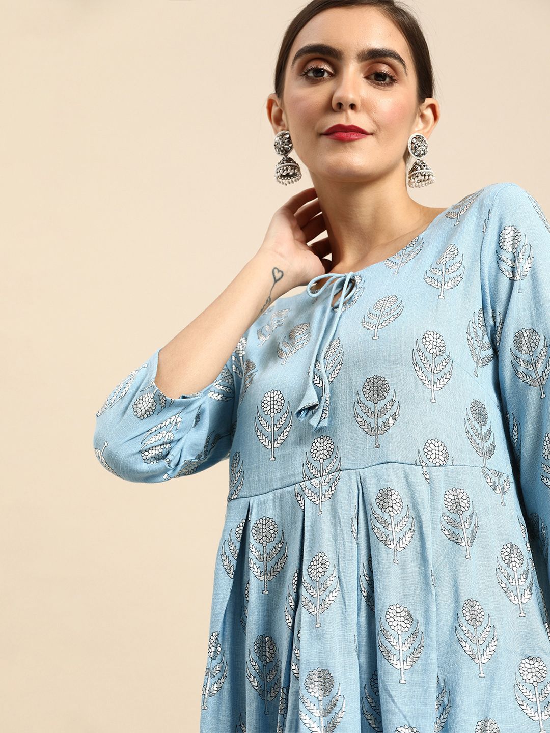 Anouk Women Blue & Silver-Toned Printed Kurta with Palazzos Price in India