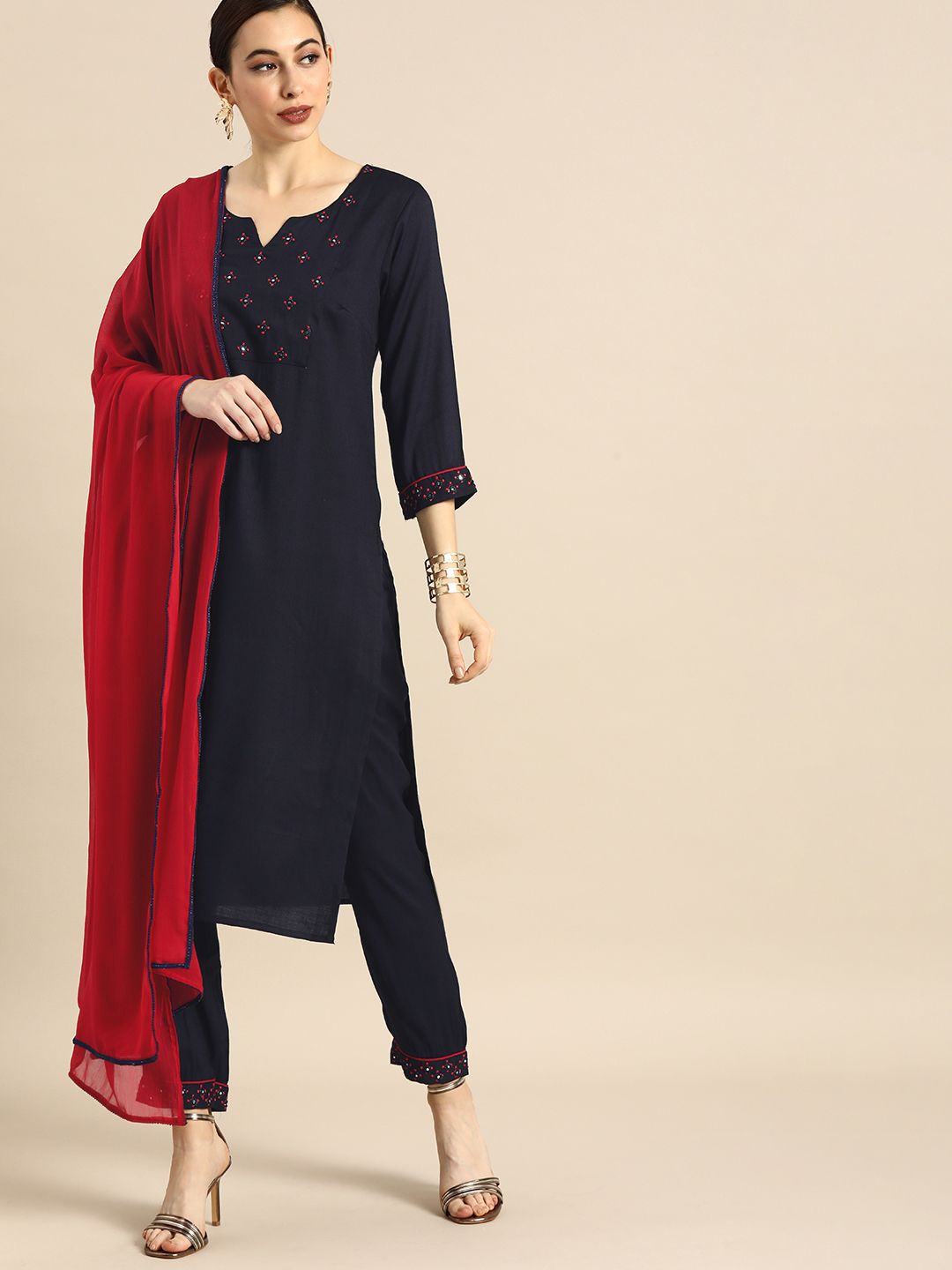 Anouk Women Navy Blue Embroidered Kurta with Trousers and Red Dupatta Price in India