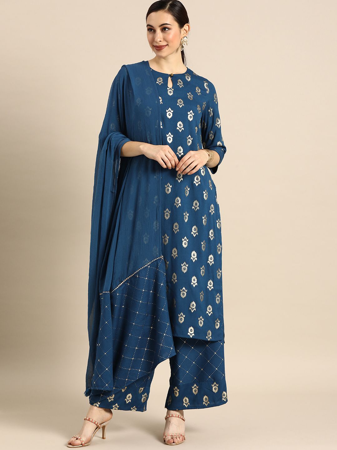 Anouk Women Navy Blue Printed Kurta with Palazzos & Dupatta Price in India