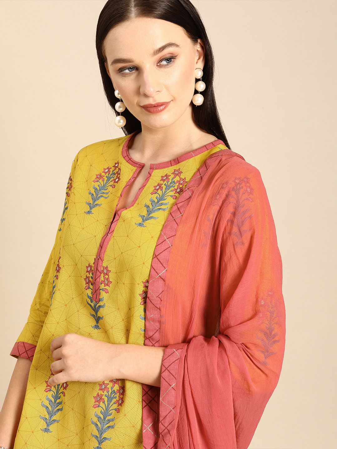 Anouk Women Yellow & Rust Pink Floral Printed Kurta with Palazzos & Dupatta Price in India