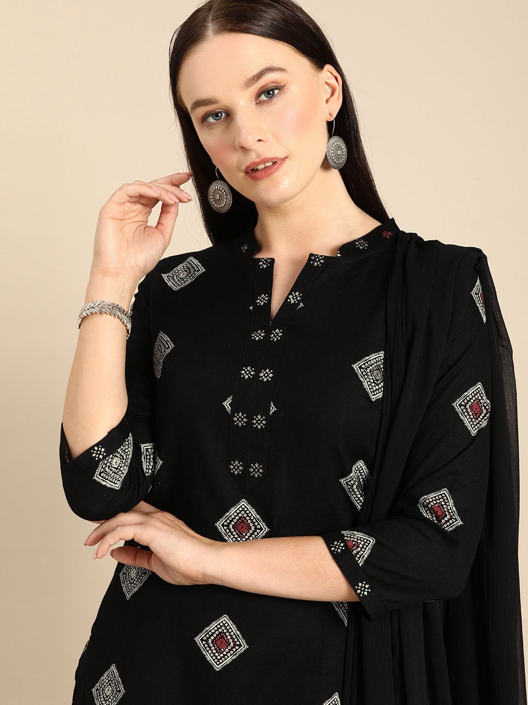 Anouk Women Black & White Foil Printed Kurta with Palazzos & Dupatta Price in India