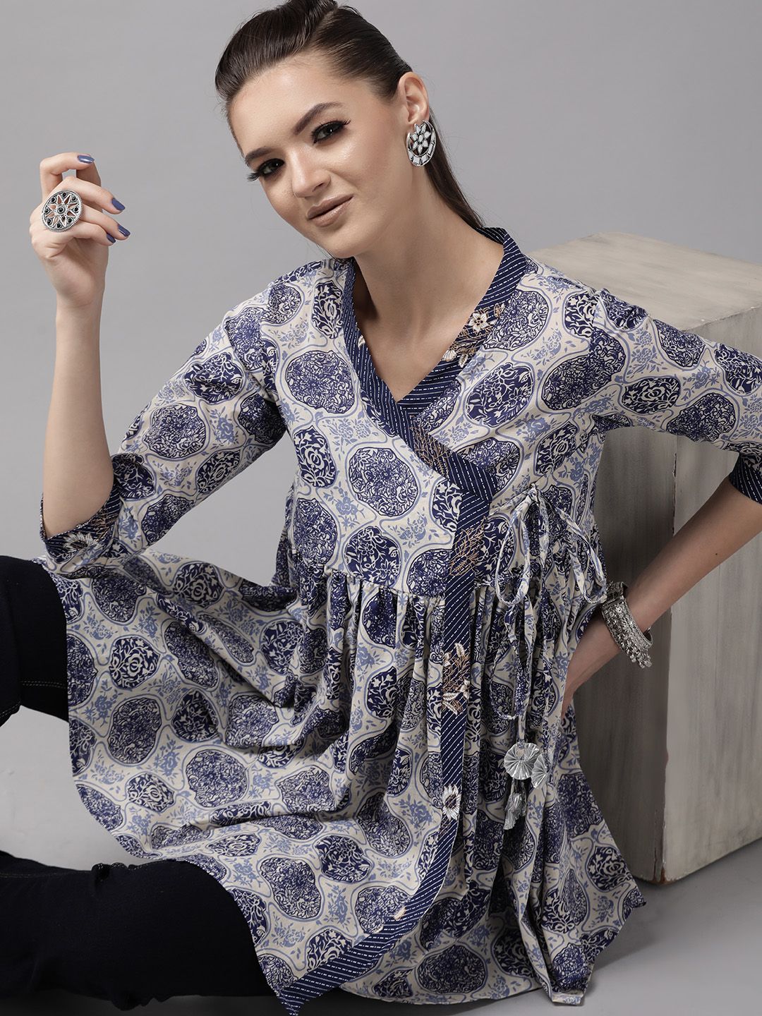 Ahalyaa Women Blue Off-White Printed Cotton Angrakha Tunic Price in India