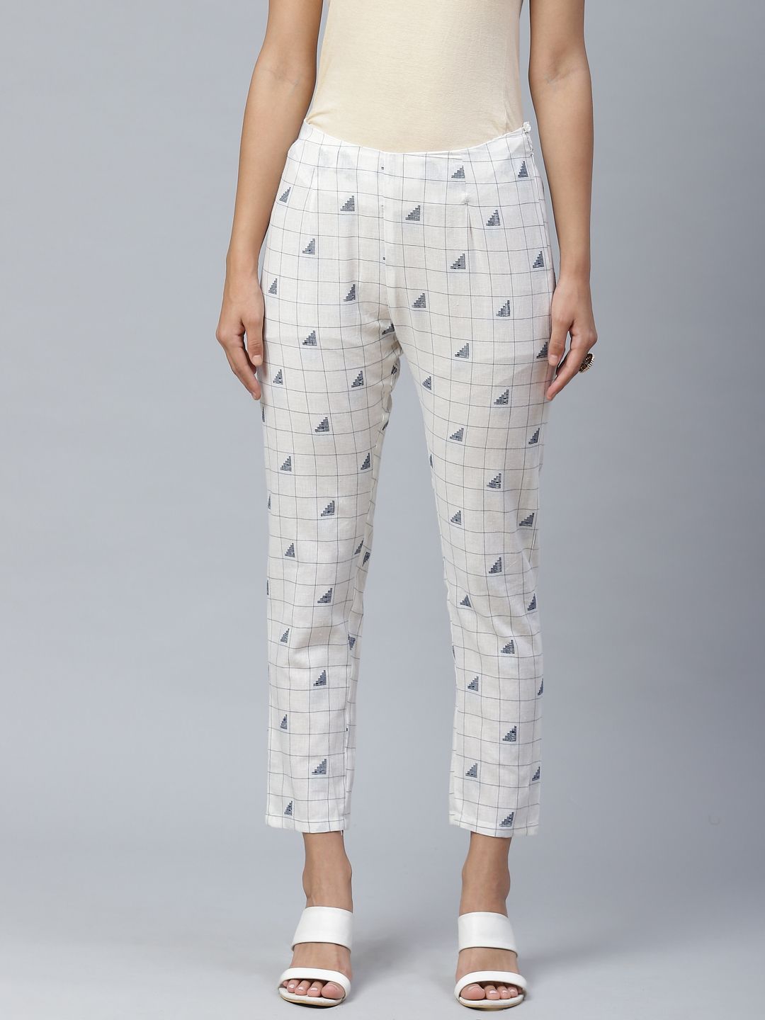 PINKSKY Women White & Navy Blue Smart Slim Fit Checked Sustainable Cropped Trousers Price in India