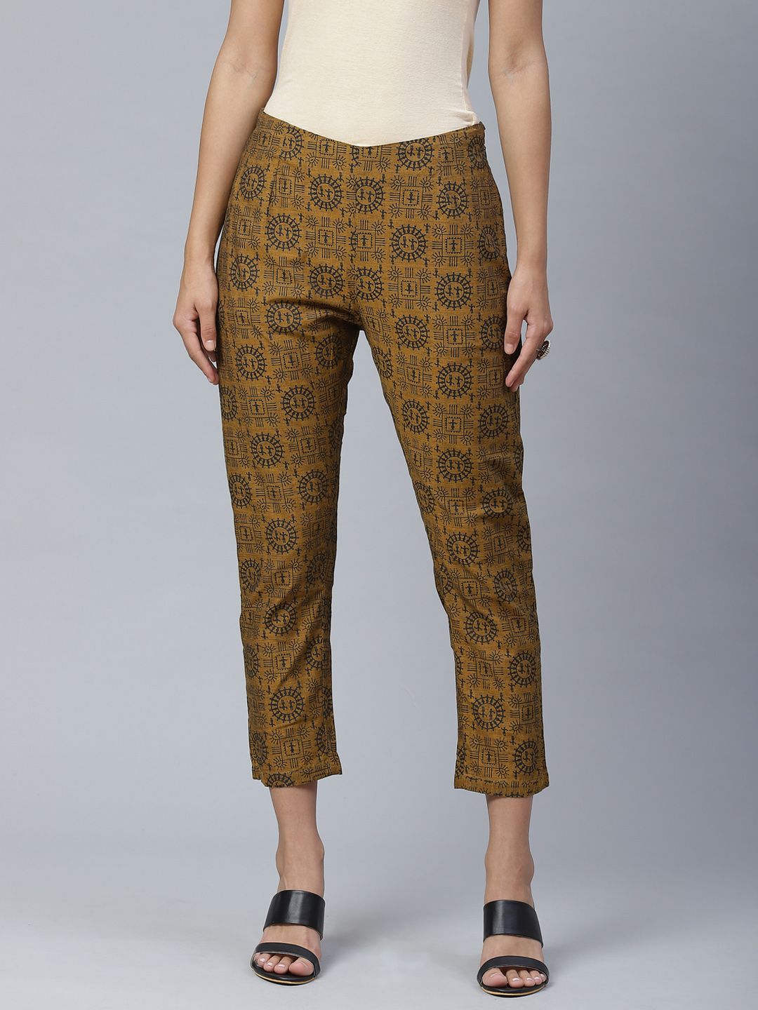 PINKSKY Women Mustard Brown & Black Smart Slim Fit Printed Sustainable Cropped Trousers Price in India