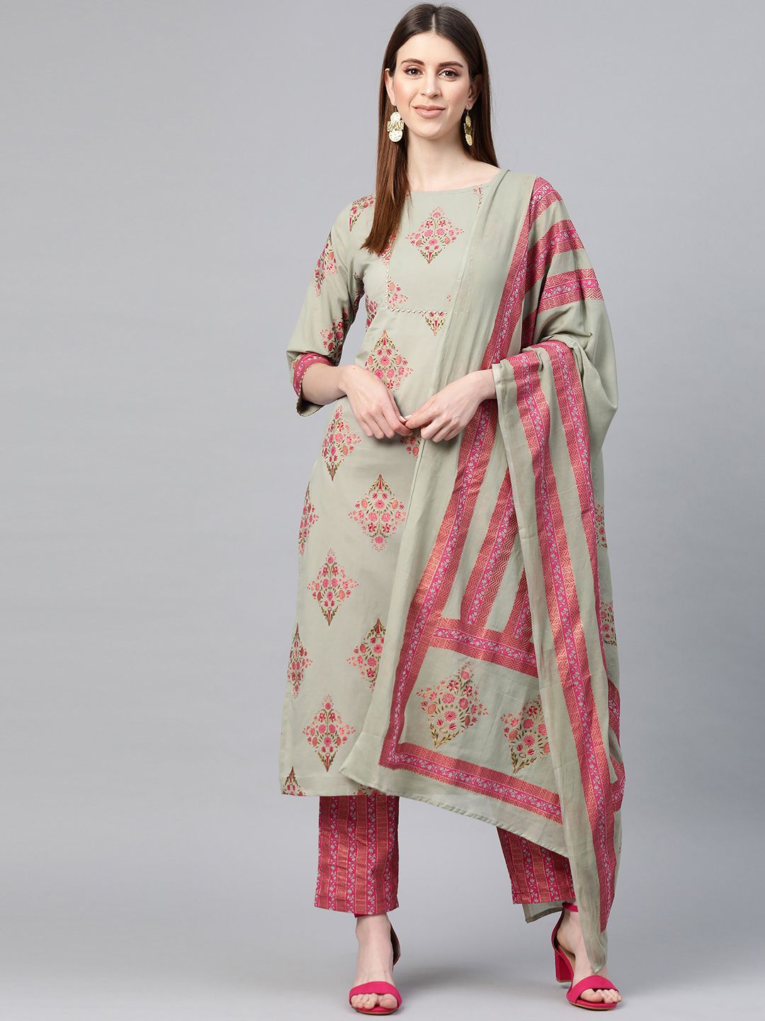 Yuris Women Olive Green & Pink Pure Cotton Printed Kurta with Trousers & Dupatta Price in India