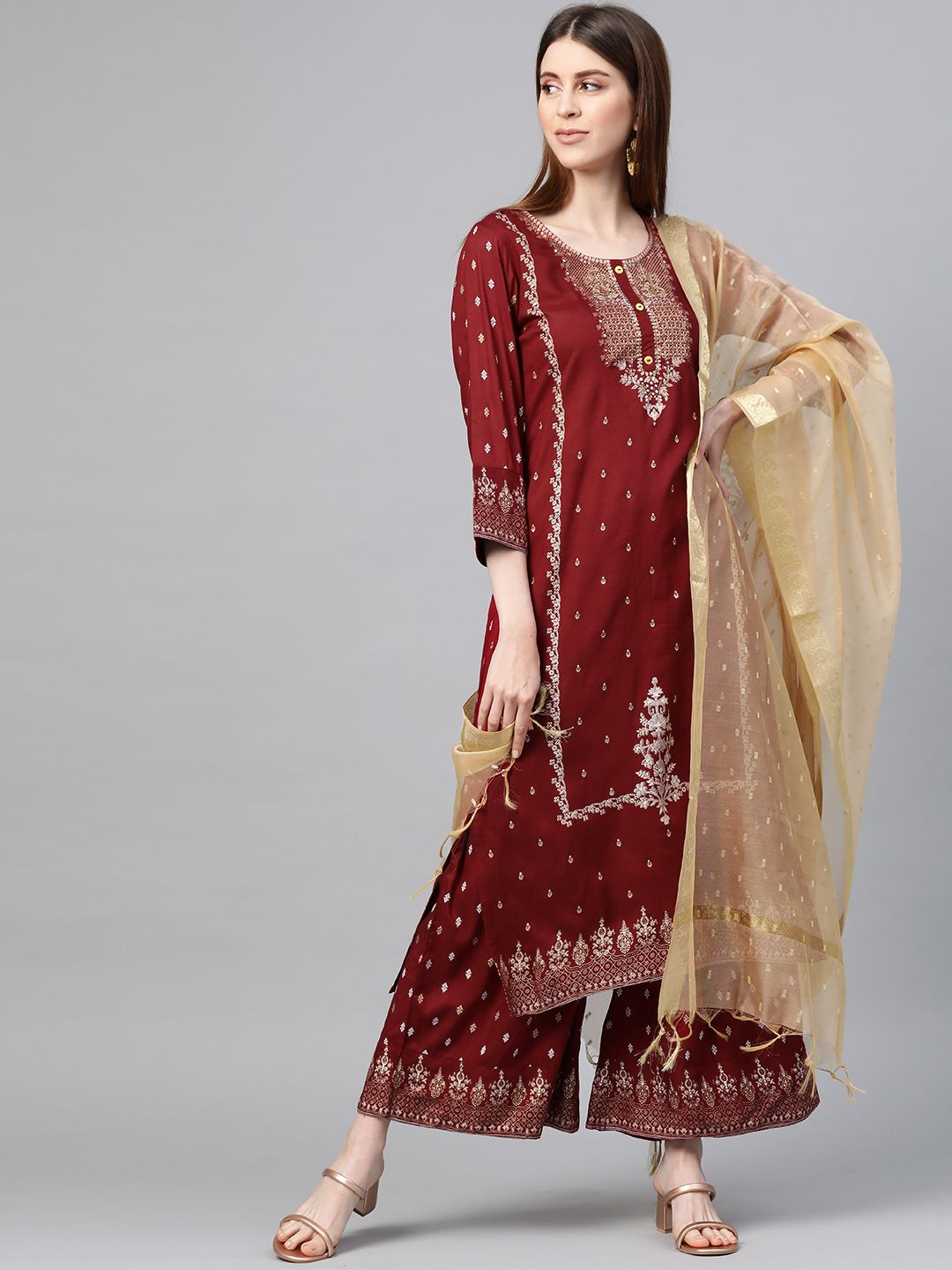 Yuris Women Maroon & Beige Ethnic Motifs Print Kurta with Palazzos & Dupatta Price in India