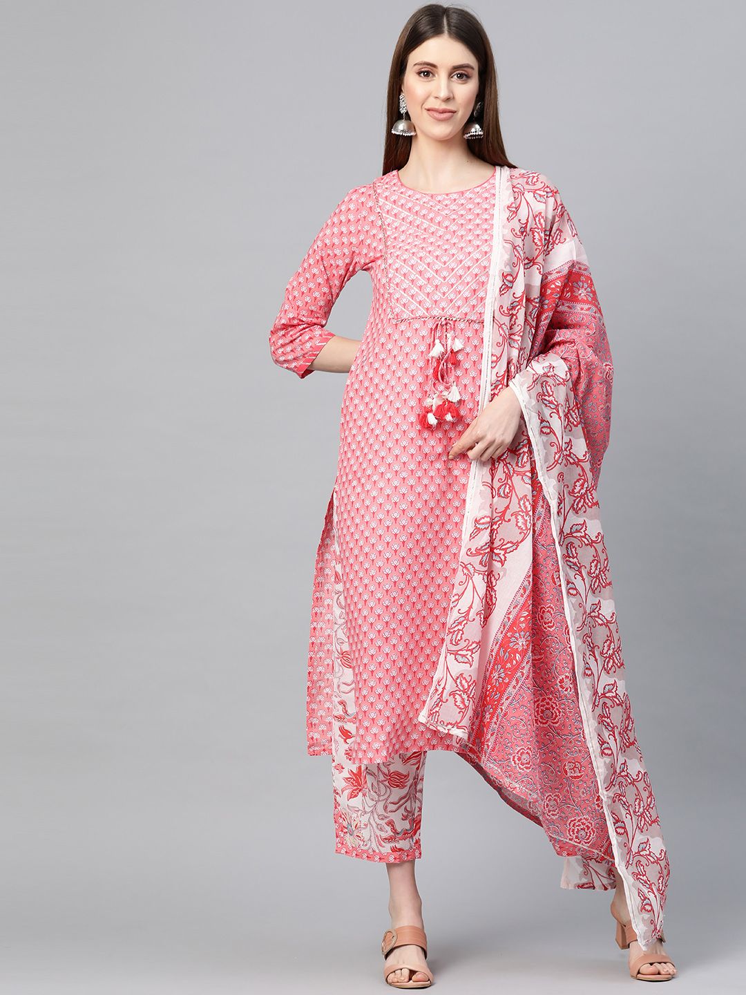 Yuris Women Pink & White Printed Kurta with Trousers & Dupatta Price in India