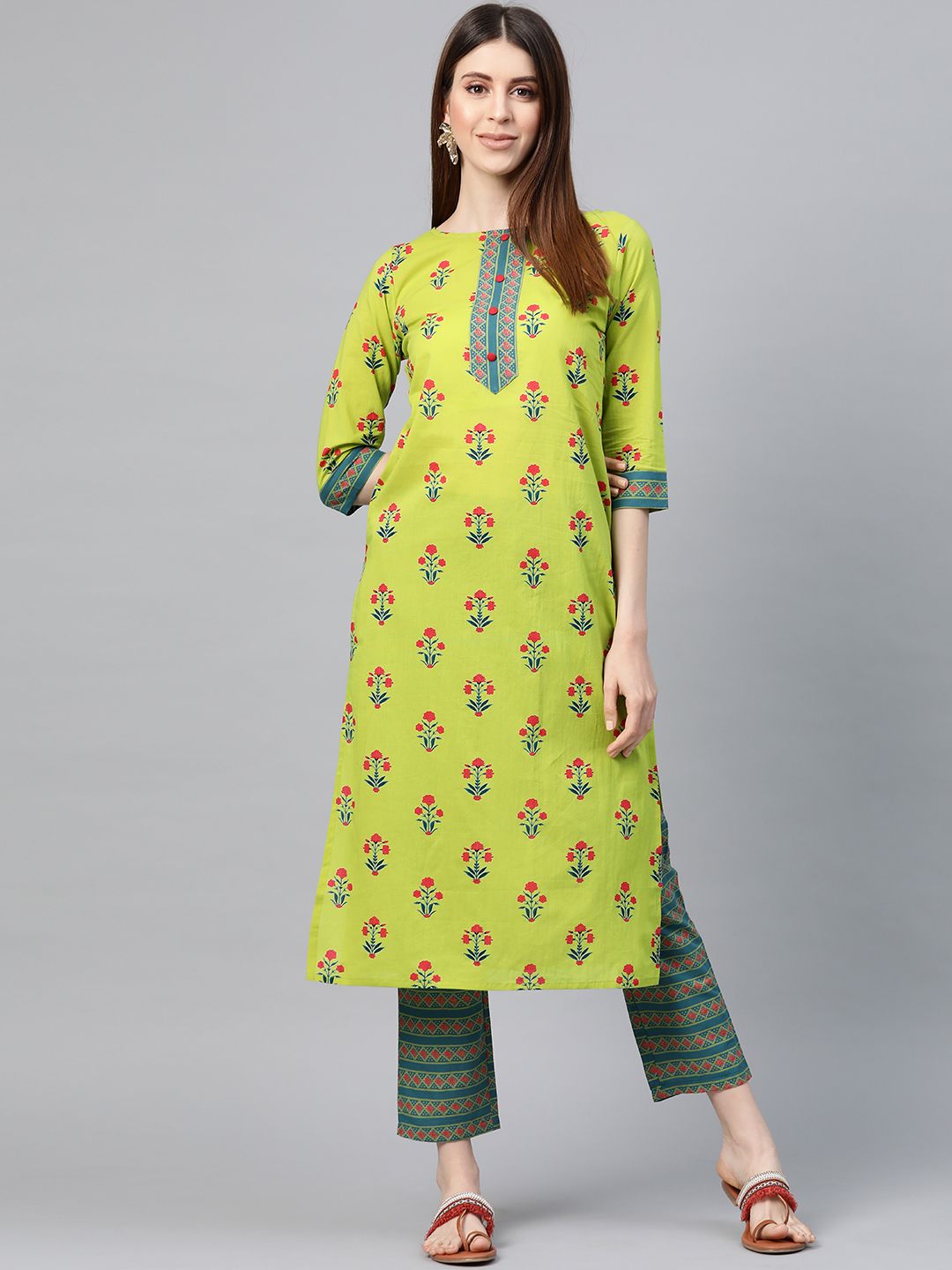 Yuris Women Green & Pink Ethnic Motifs Screen Print Pure Cotton Kurta with Trousers Price in India