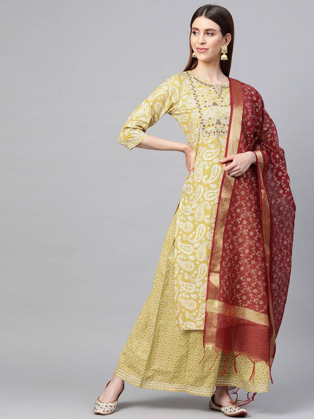 Yuris Women Mustard Yellow & Off-White Khari Print Cotton Kurta with Palazzos & Dupatta Price in India