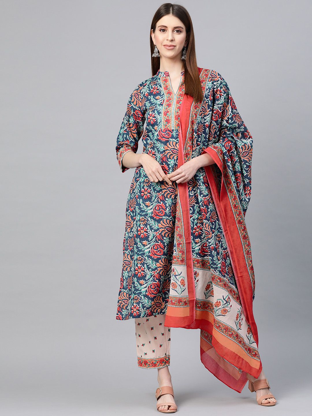 Yuris Women Blue & Red Pure Cotton Printed Kurta with Palazzos & Dupatta Price in India