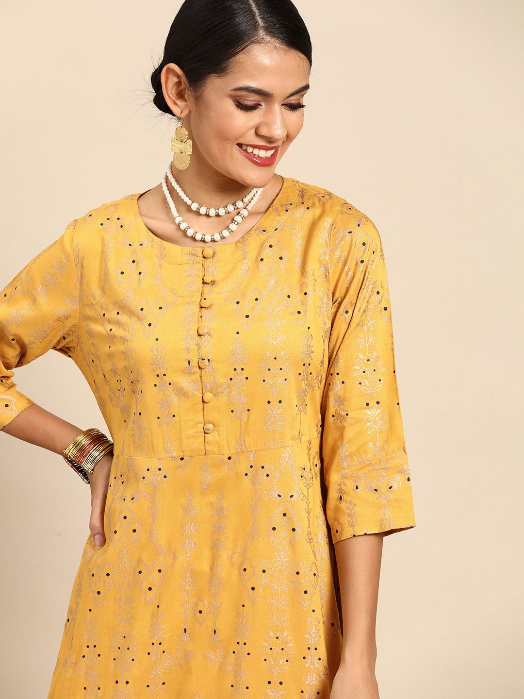 Anouk Women Mustard Yellow & Golden Ethnic Motifs Printed A-Line Dress