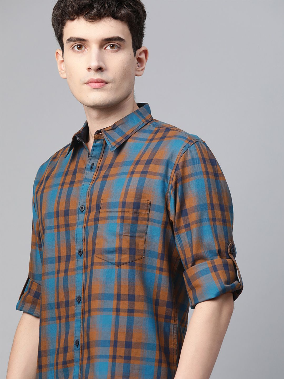 Roadster Men Blue & Orange Checked Casual Shirt