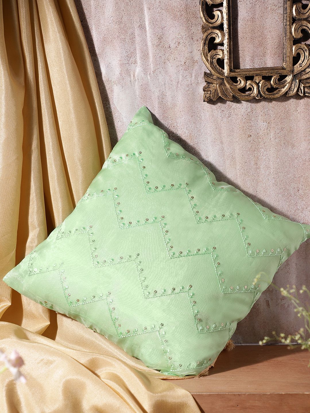 House of Pataudi Green & Golden Embroidered Chikankari Meher Square Cushion Cover Price in India