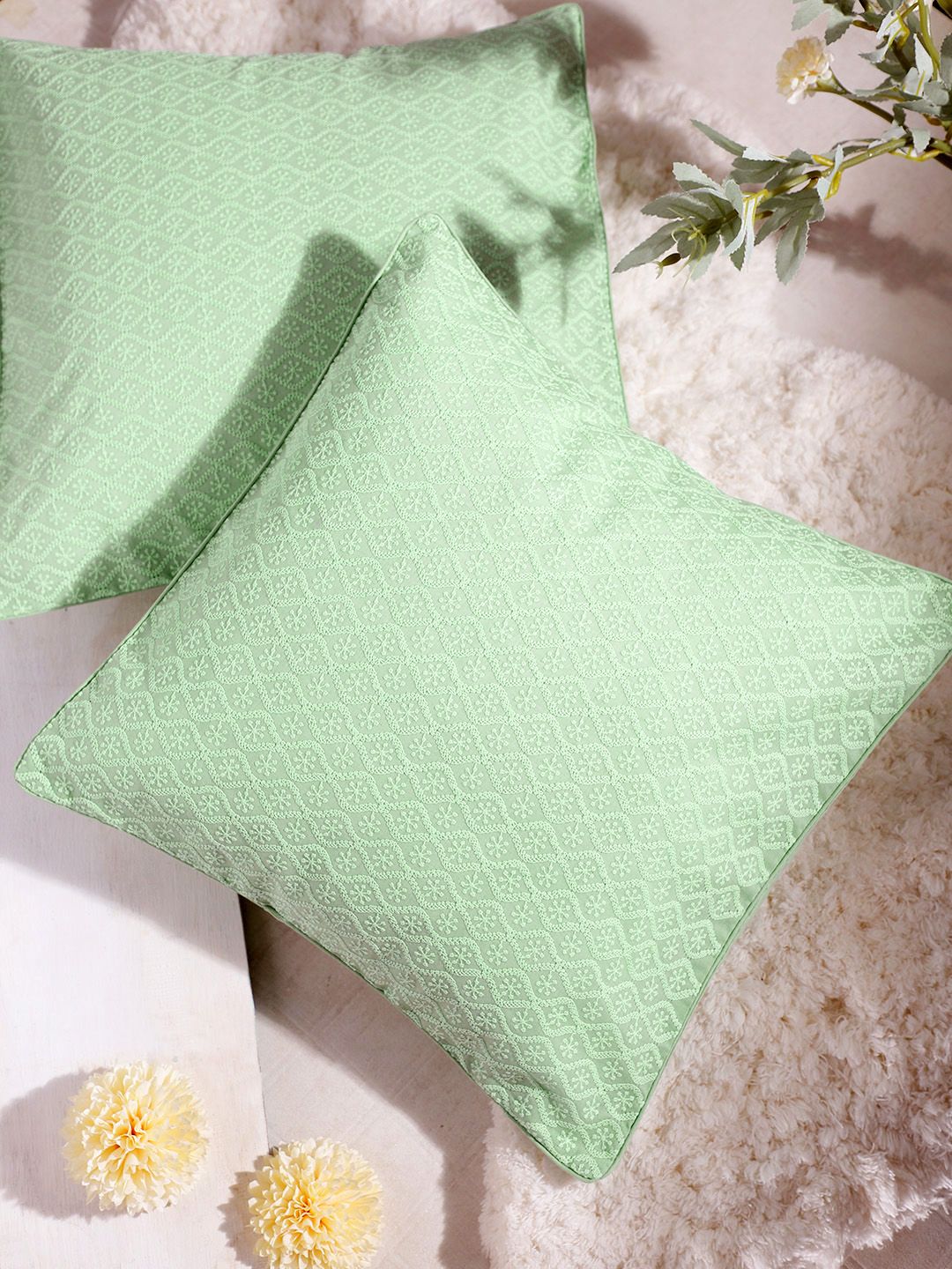 House of Pataudi Set of 2 Pista Green Chikankari Meher Square Cushion Covers Price in India