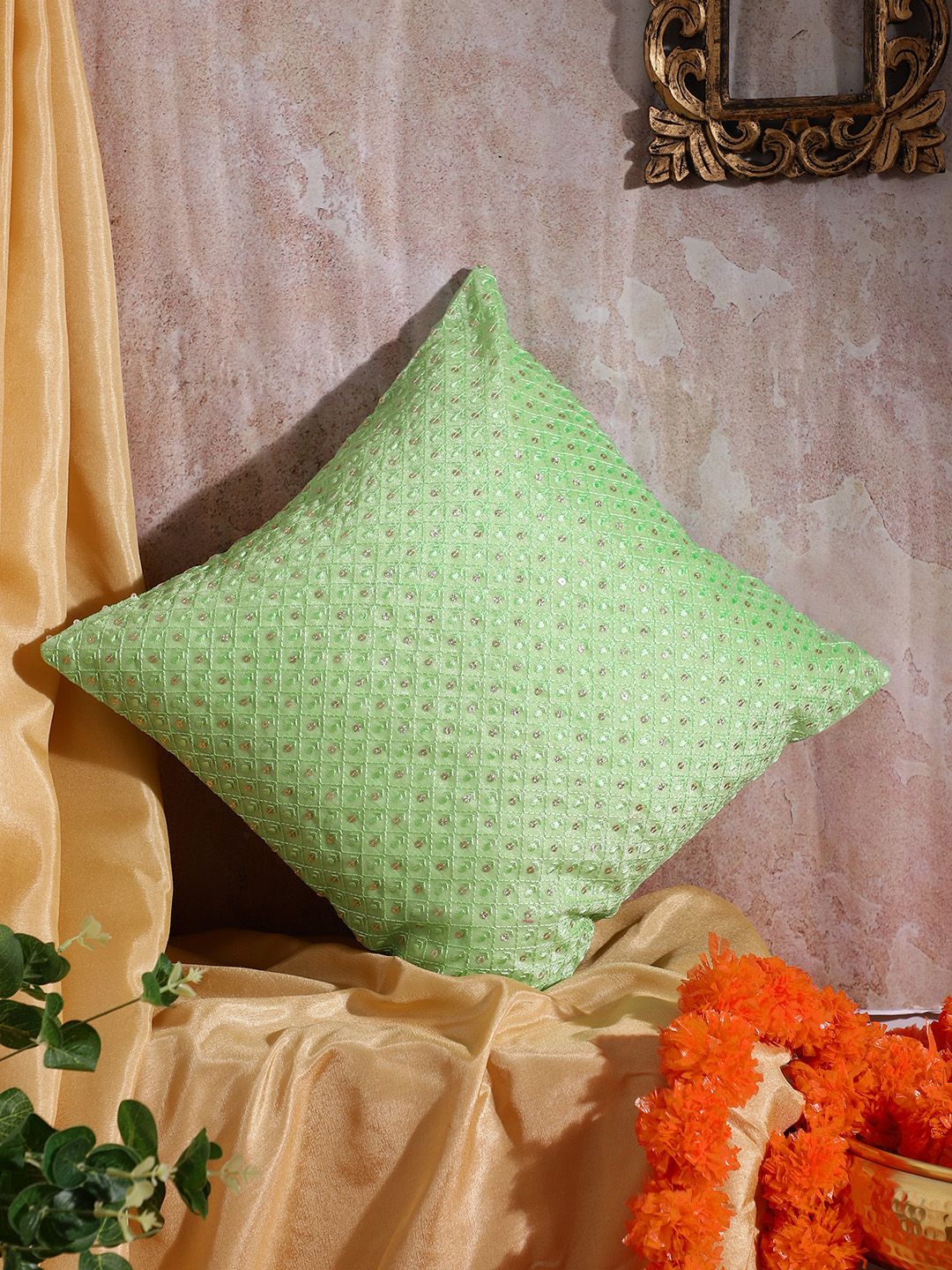 House of Pataudi Green & Gold-Toned Embroidered Chikankari Meher Square Cushion Cover Price in India