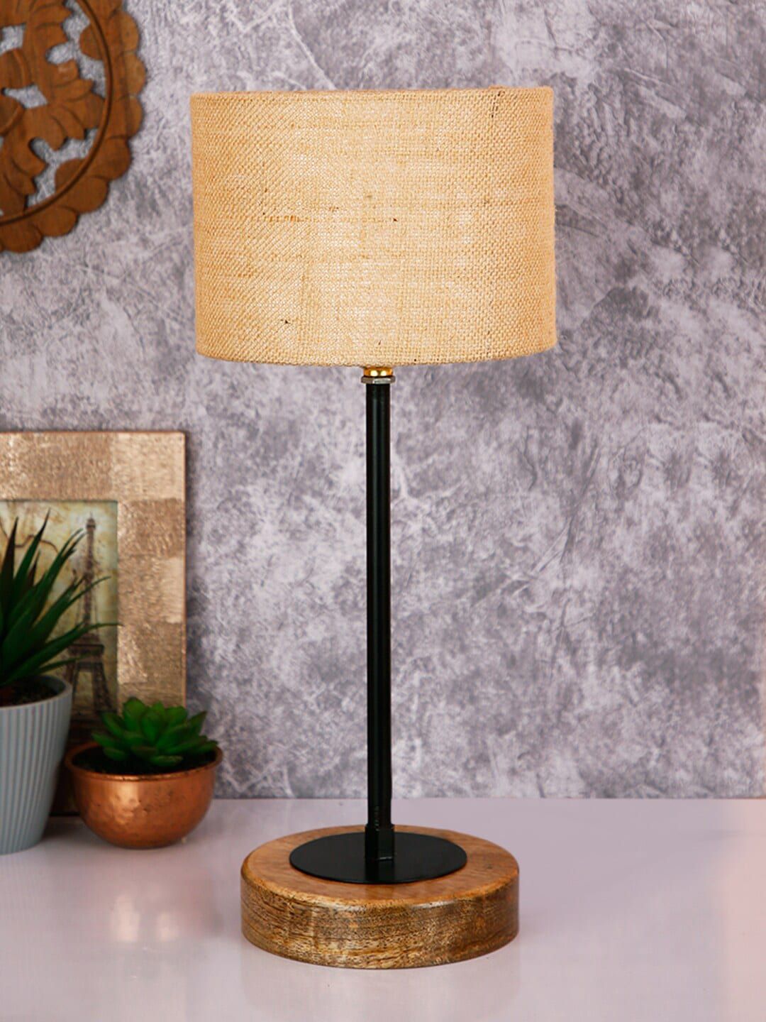Devansh Beige & Brown Self Design Solid Cylindrical Table Lamp Price in India