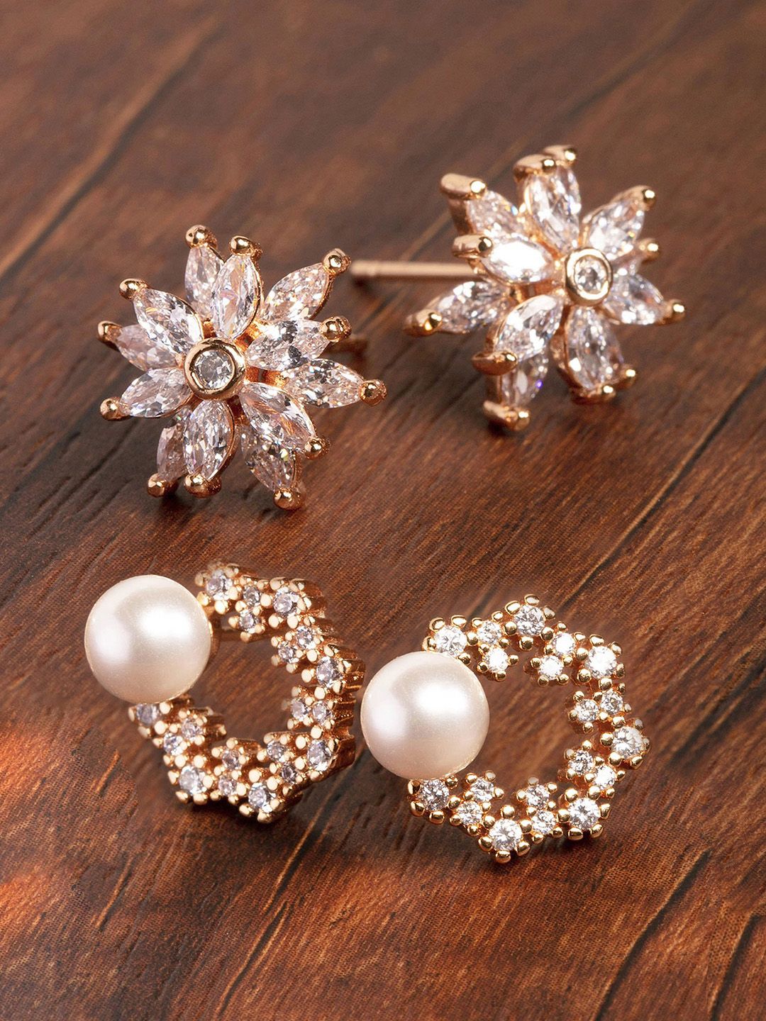Zaveri Pearls Set of 2 Rose Gold-Plated Handcrafted Contemporary Studs Price in India