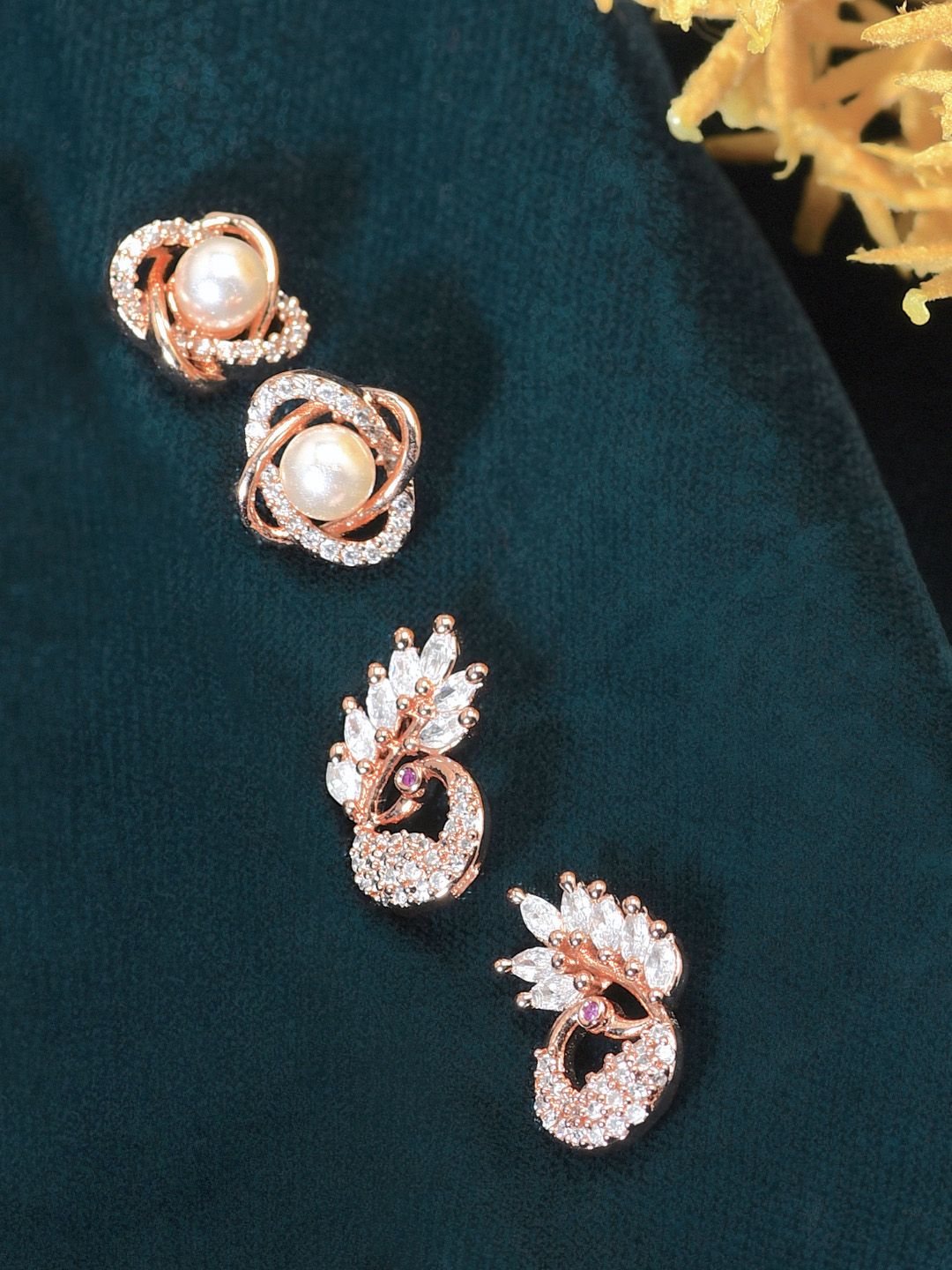 Zaveri Pearls Set of 2 Rose Gold-Plated Handcrafted Contemporary Studs Price in India