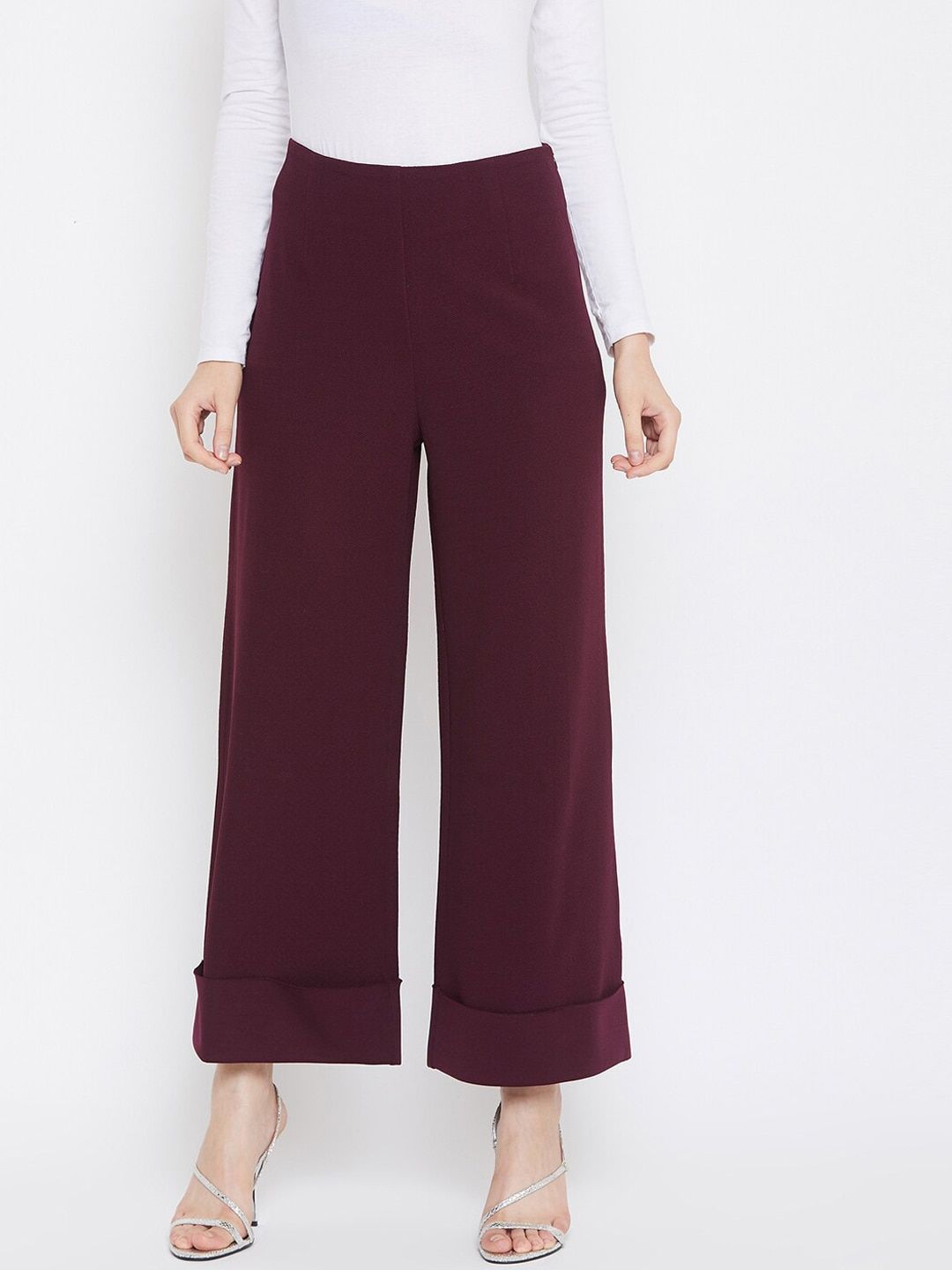 Zastraa Women Burgundy Flared Solid Parallel Trousers Price in India